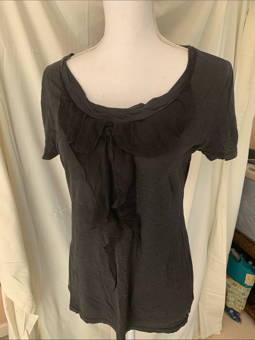 Black Short Sleeve Ruffle-Front Tee